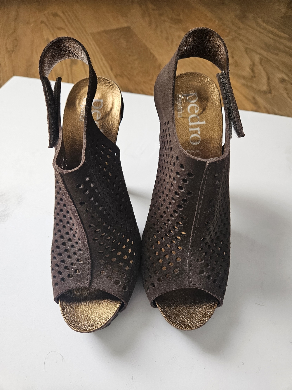 Pedro Garcia Brown High Heel Perforated Peep-Toe Slingback Booties